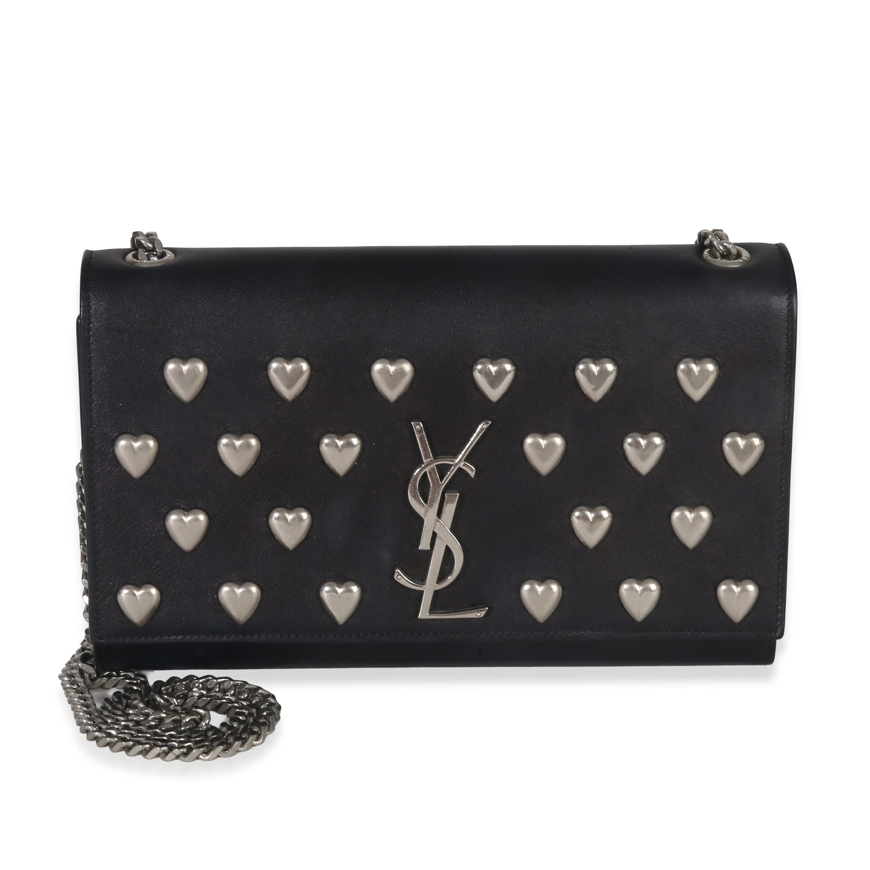 Black Smooth Calfskin Studded Heart Medium Kate Chain Bag