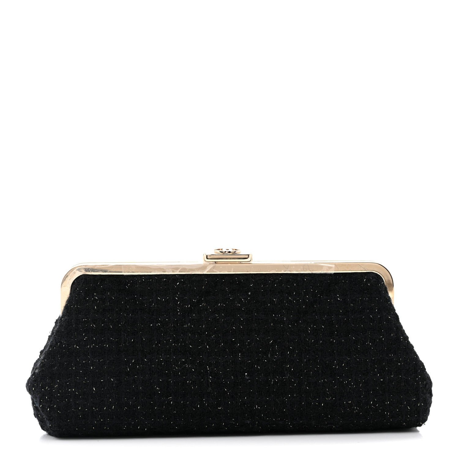 Chanel Tweed Quilted Kiss Lock Clutch Black