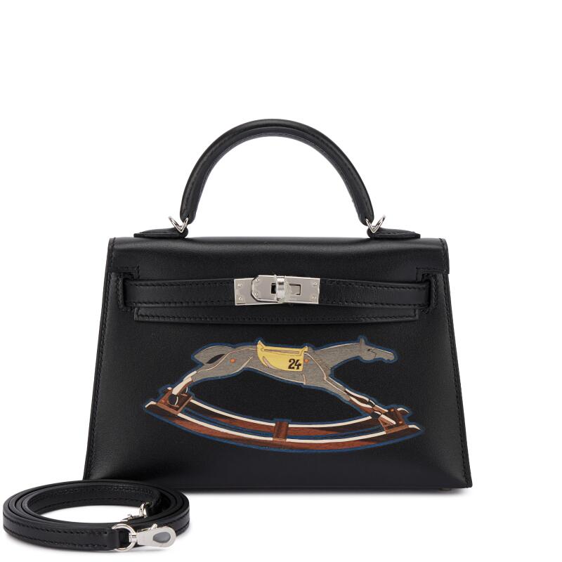 Hermes Limited Edition Black Tadelakt and Wood Marquetry Cheval de Bois Mini Kelly II 20 Palladium Hardware, 2024