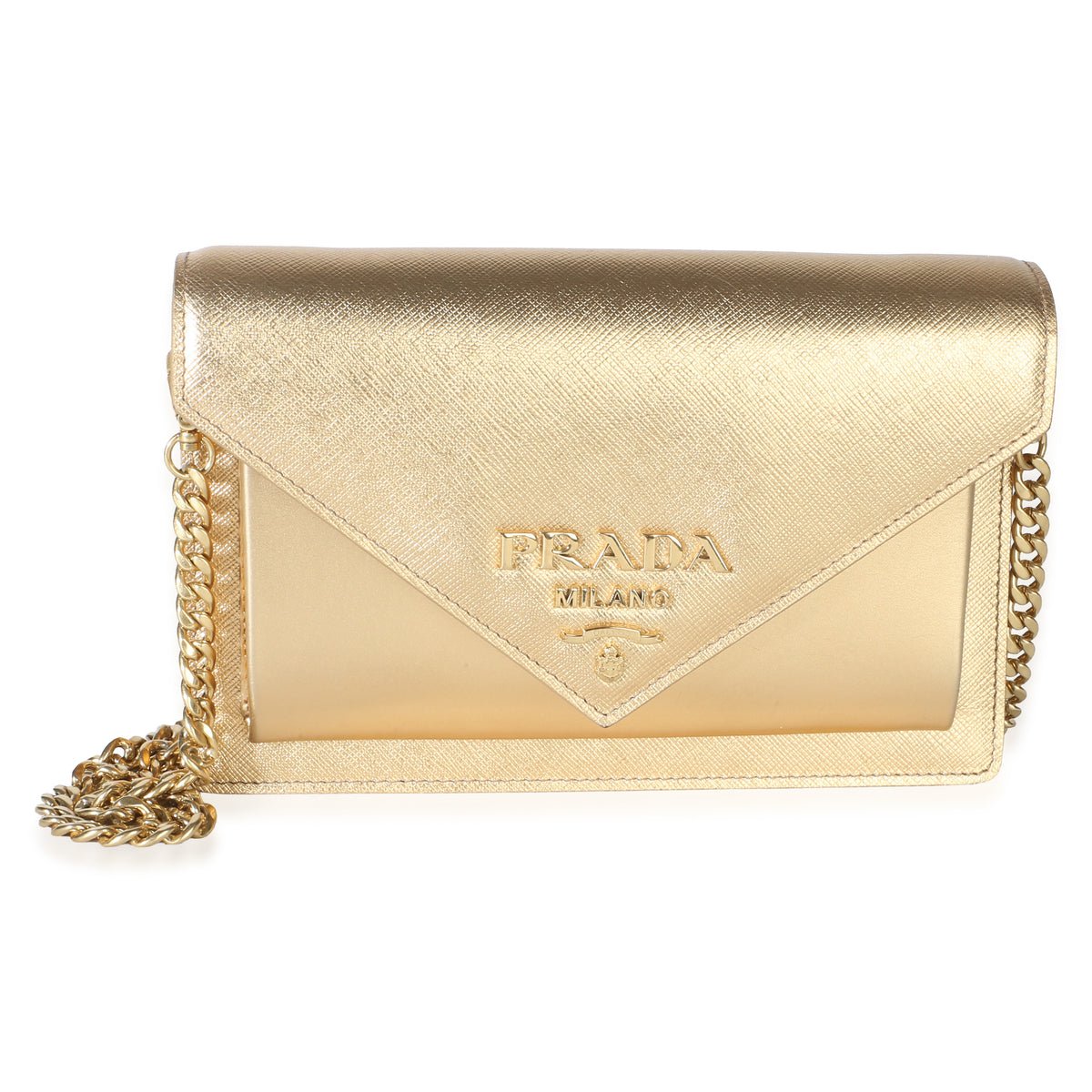 Gold Saffiano Mini Envelope Logo Chain Bag