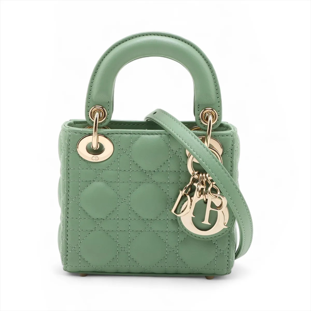 Christian Dior Cannage Lady Dior Micro Leather 2 Way Handbag Green