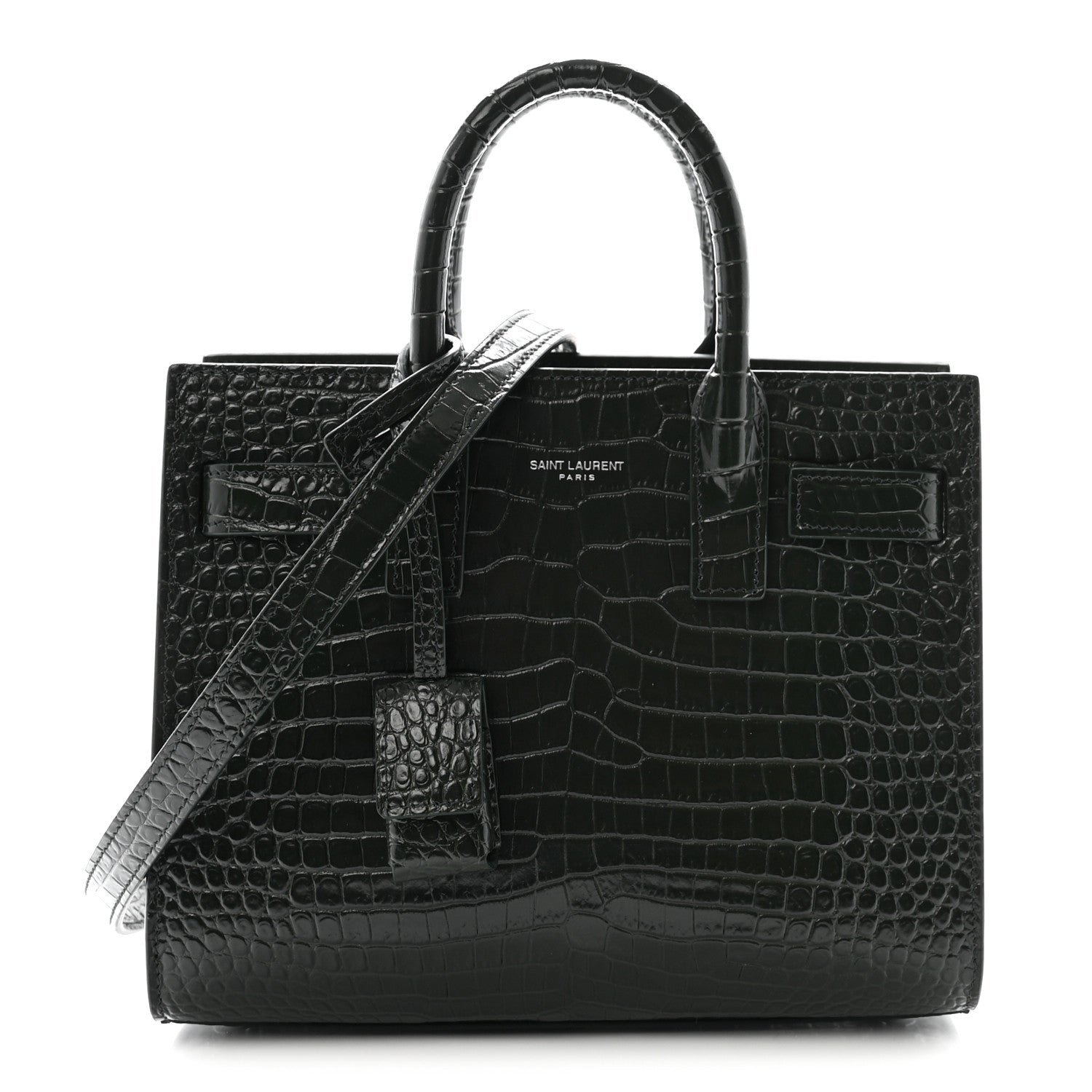 Saint Laurent Calfskin Crocodile Embossed Nano Sac De Jour Dark Green