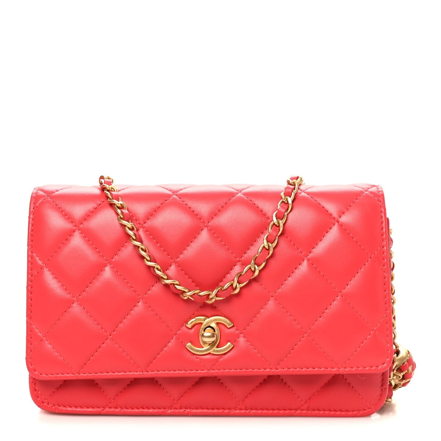 Chanel Lambskin Quilted CC Pearl Crush Wallet On Chain WOC  Red