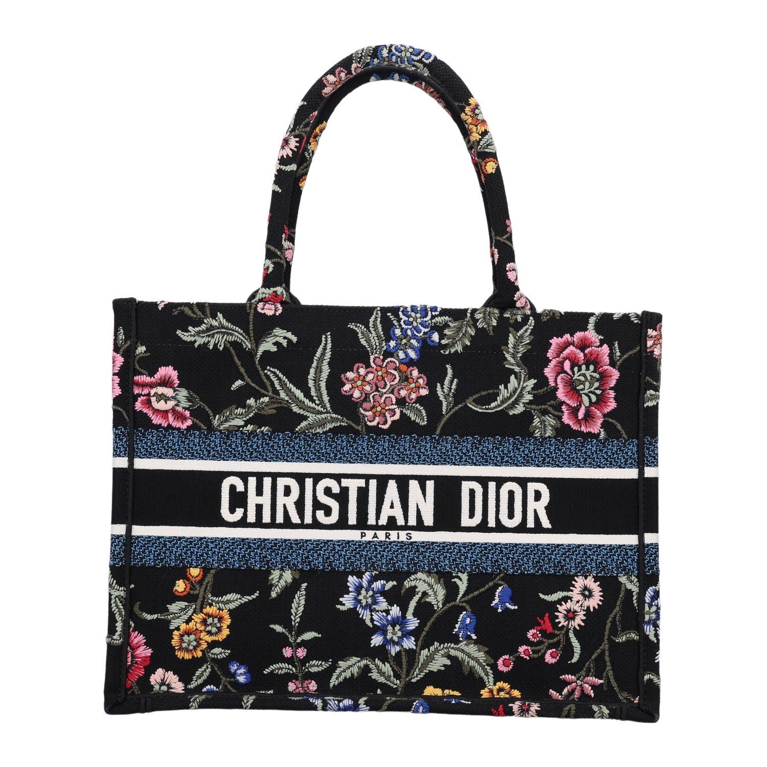 Christian Dior Canvas Embroidered Medium Petites Fleurs Book Tote Black Multicolor