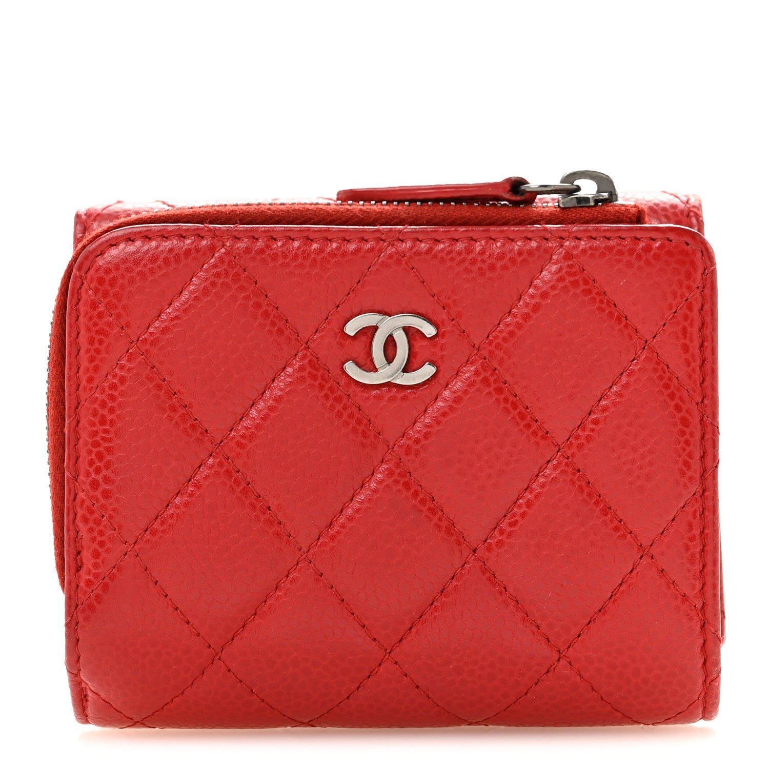 Chanel Caviar Quilted CC Zip Tri-Fold Wallet Red