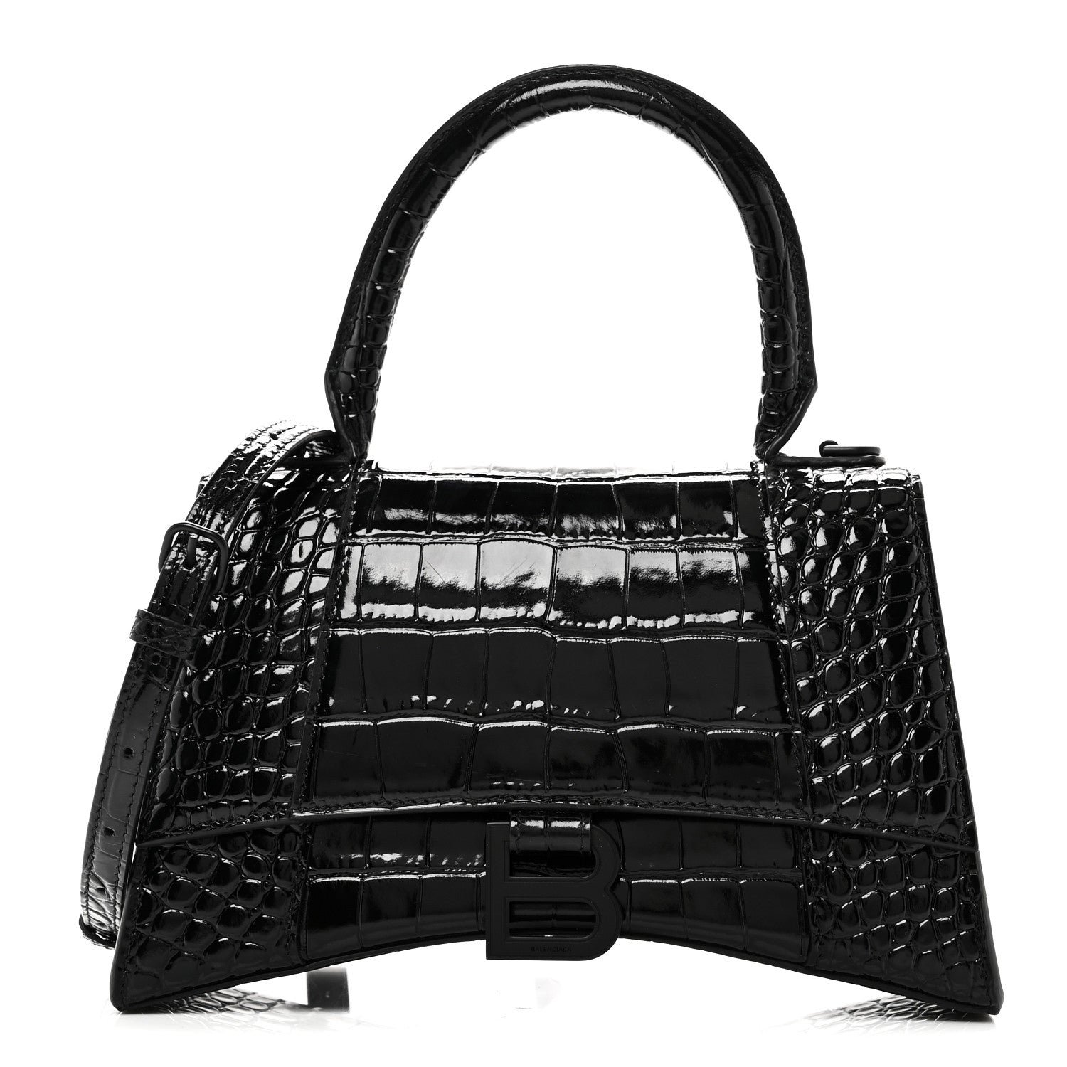 Balenciaga Shiny Calfskin Monochrome Crocodile Embossed Small Hourglass Top Handle Bag Black