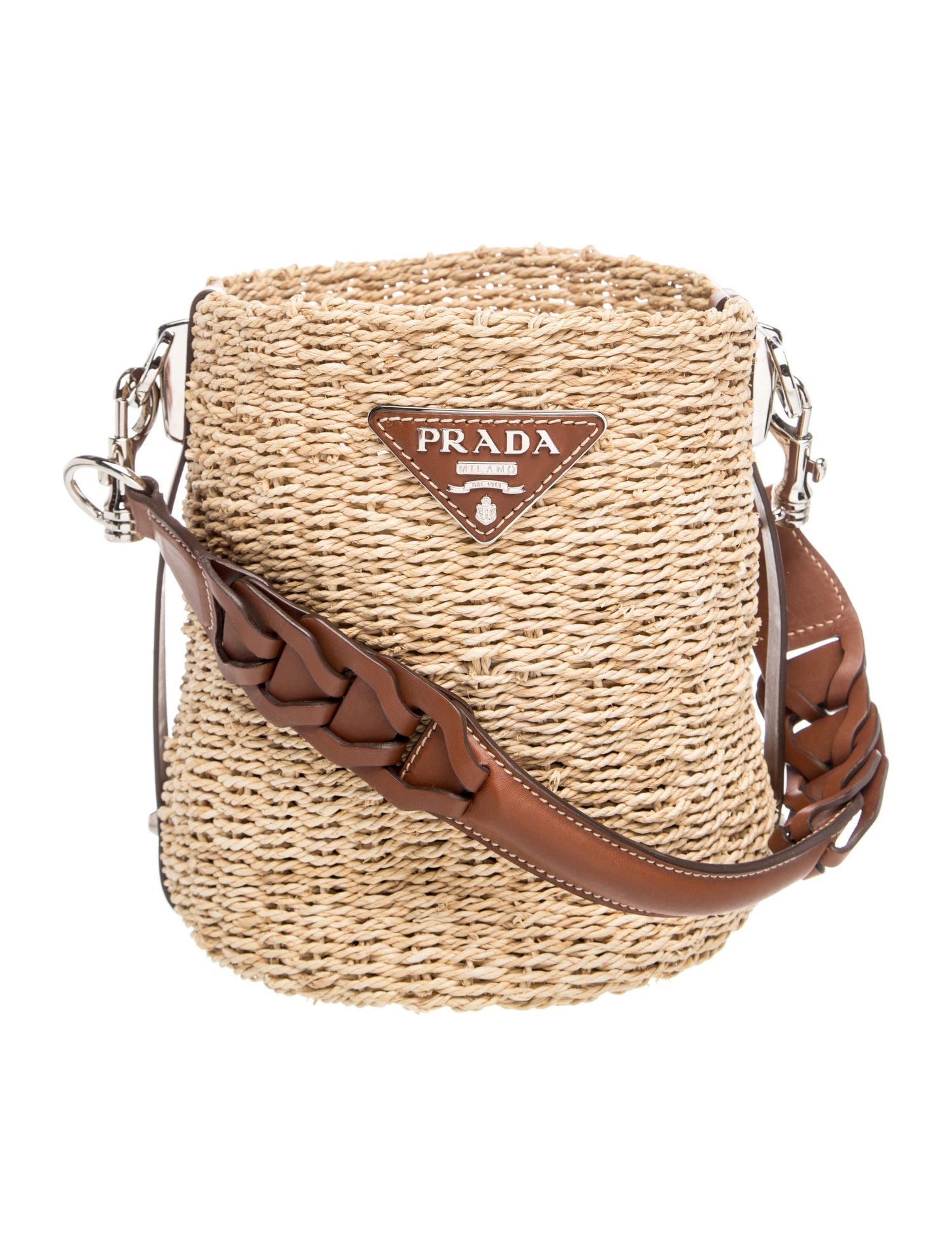 Enameled Metal Triangle Paglia Vitello Woven Braided Bucket Bag