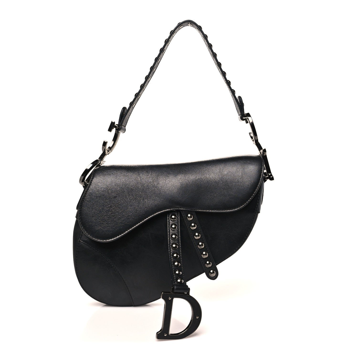 Christian Dior Shiny Crinkled Calfskin Studded Saddle Bag Black