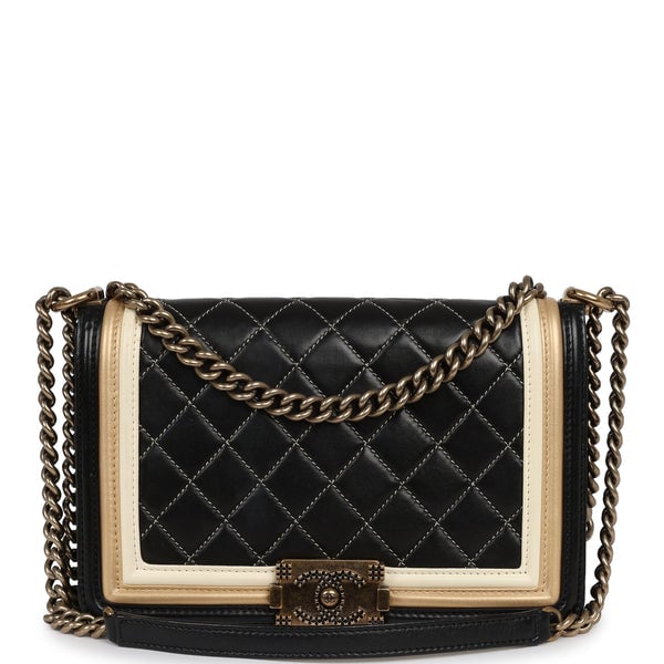 Pre-owned Chanel Medium "Paris-Versailles" Boy Bag Black, Gold, White Lambskin Antique Gold Hardware