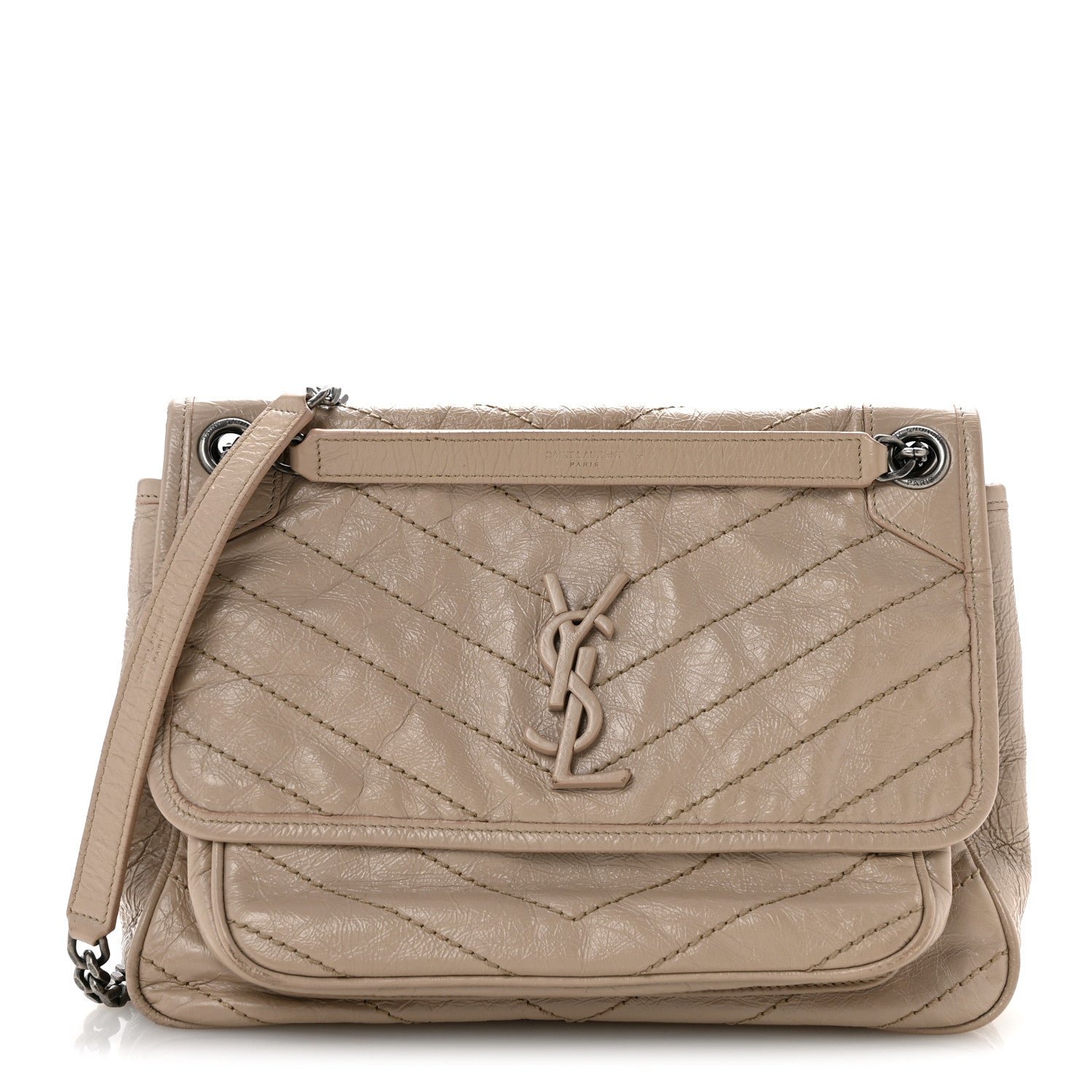 Saint Laurent Crinkled Calfskin Matelasse Monogram Medium Niki Chain Satchel Gold Sand