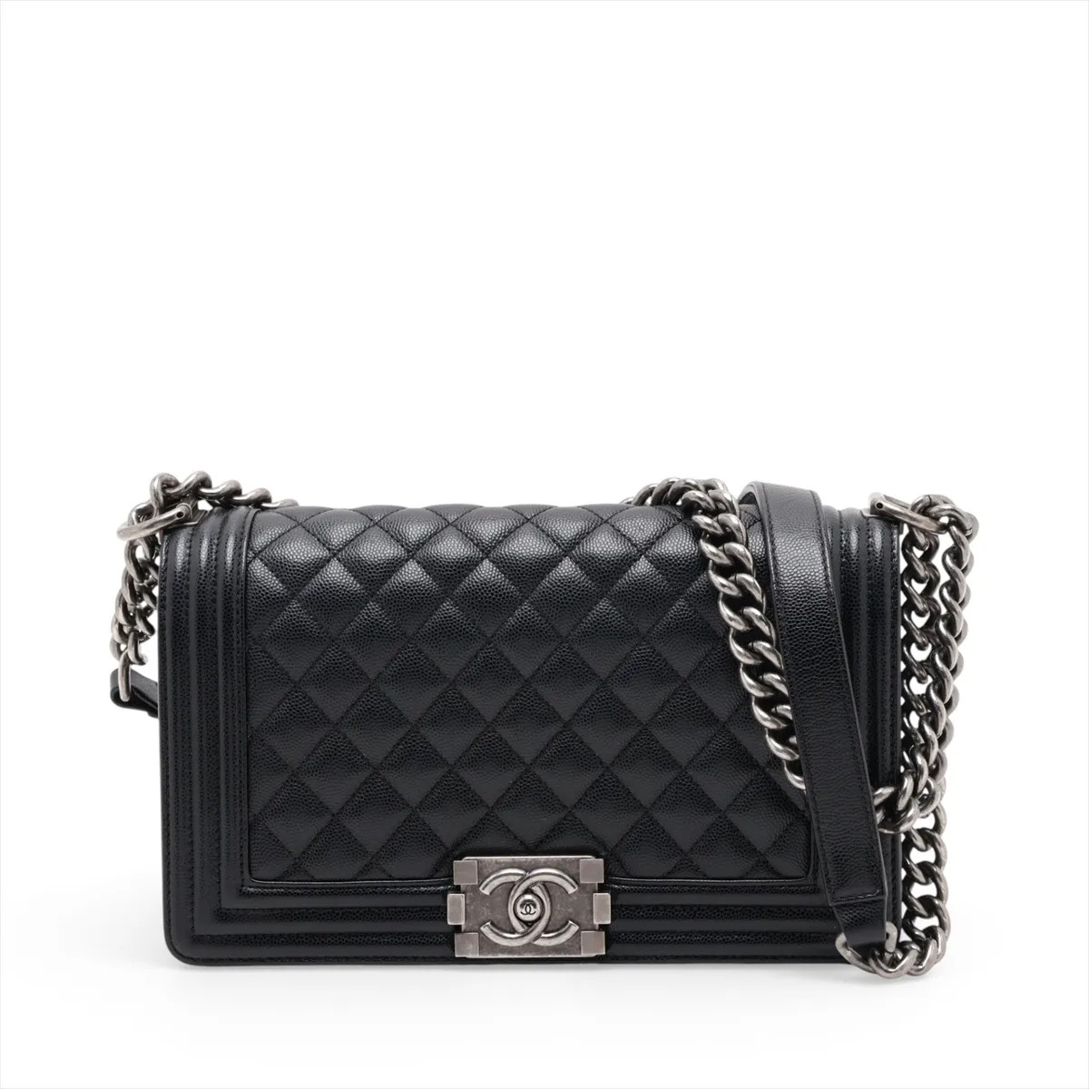Chanel BOY CHANEL 25 Caviar Skin Chain Shoulder Bag Black Gunmetal Fittings rand