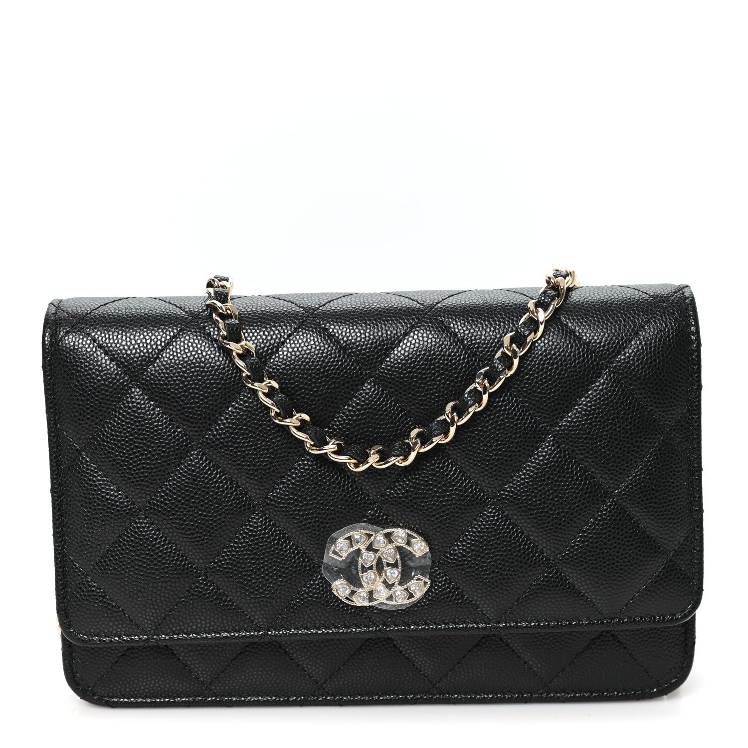 Chanel Caviar Quilted Crystal Heart CC Wallet On Chain WOC Black