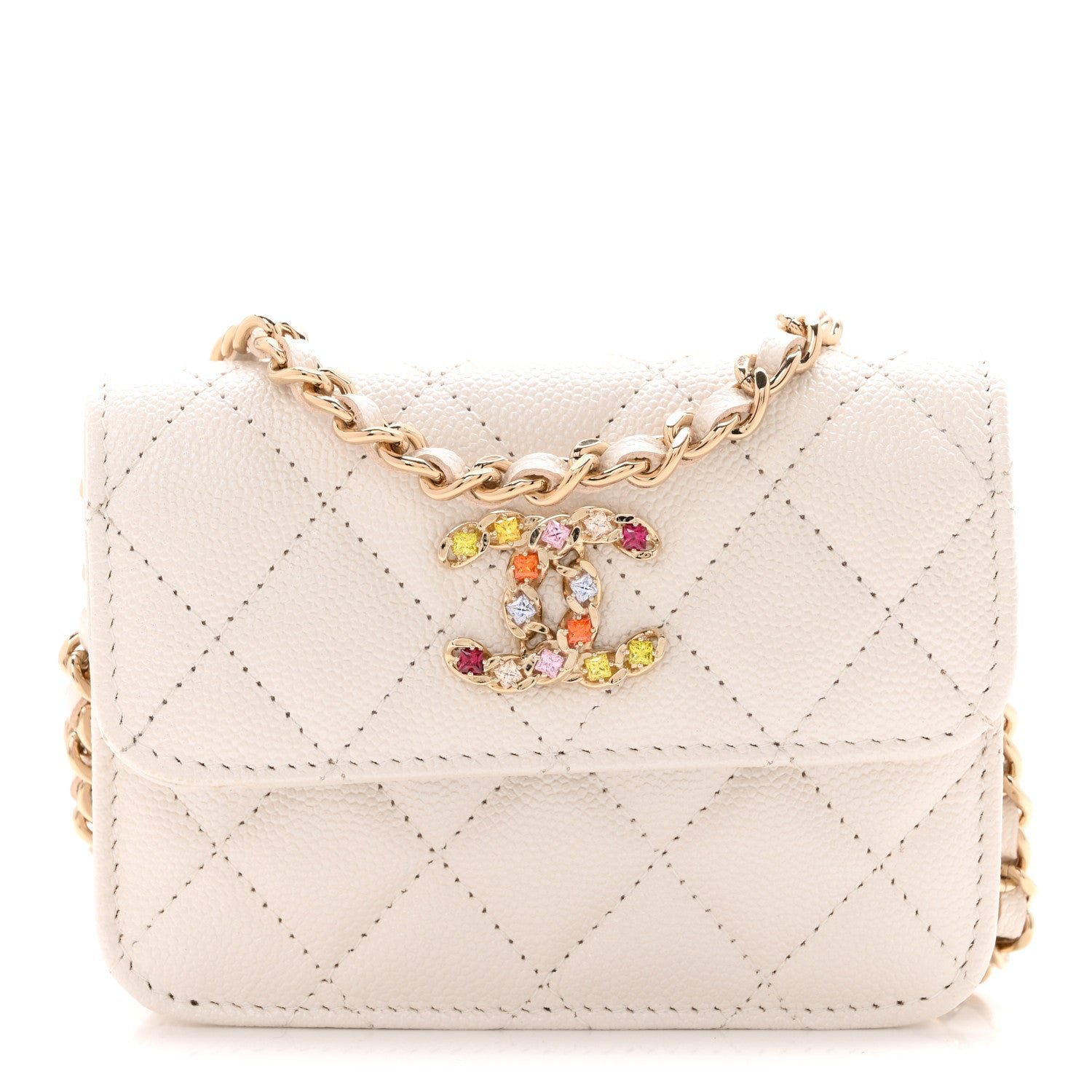 Chanel Caviar Quilted Crystal CC Clutch With Chain White