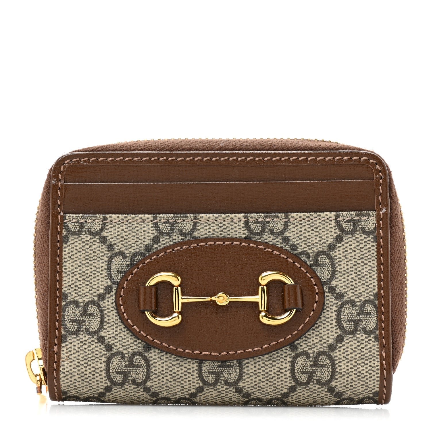 Gucci GG Supreme Monogram Azalea Calfskin Horsebit 1955 Zip Around ID Card Case Wallet Beige Ebony Brown Sugar