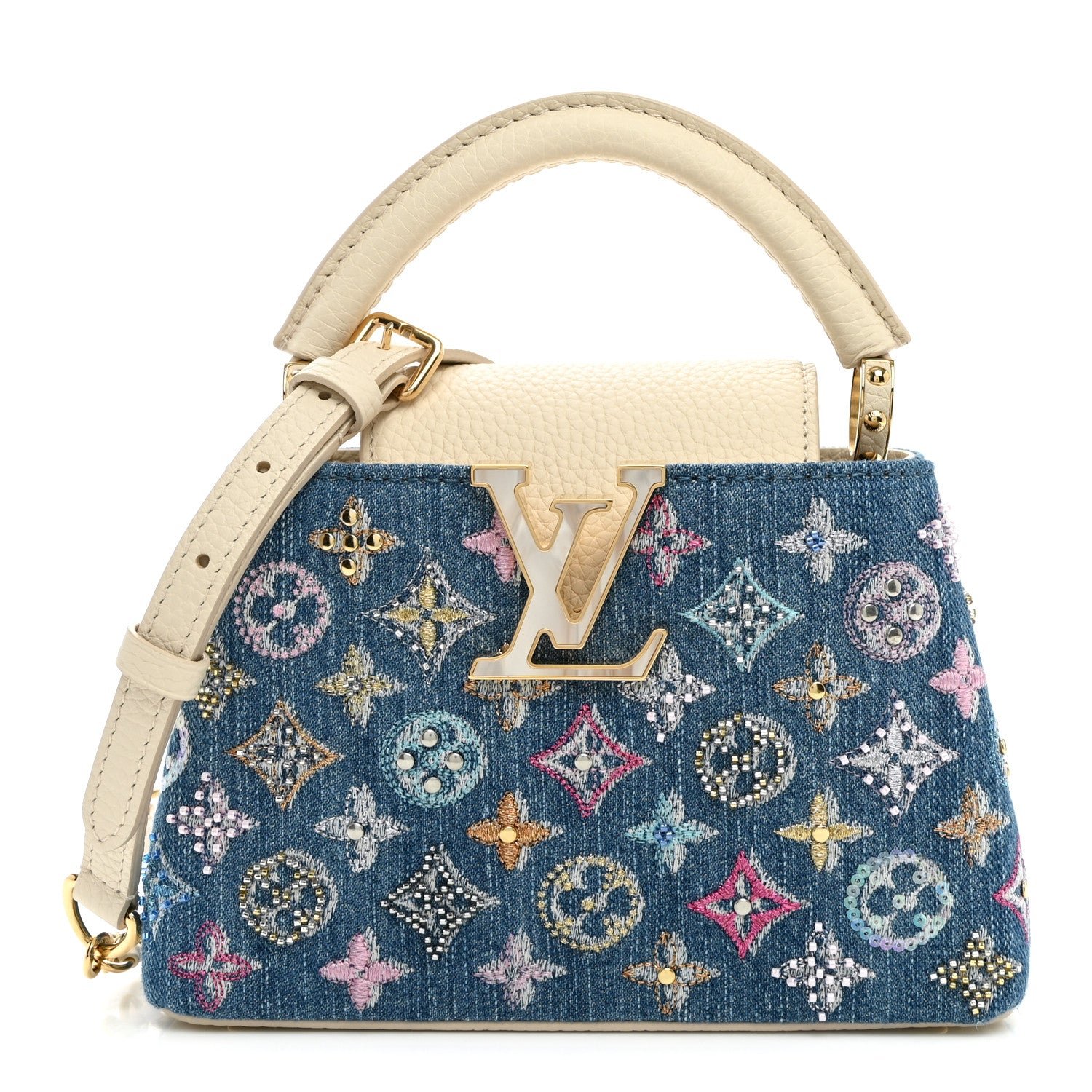 Louis Vuitton Denim Lurex Beaded Calfskin Capucines Mini Blue Cream