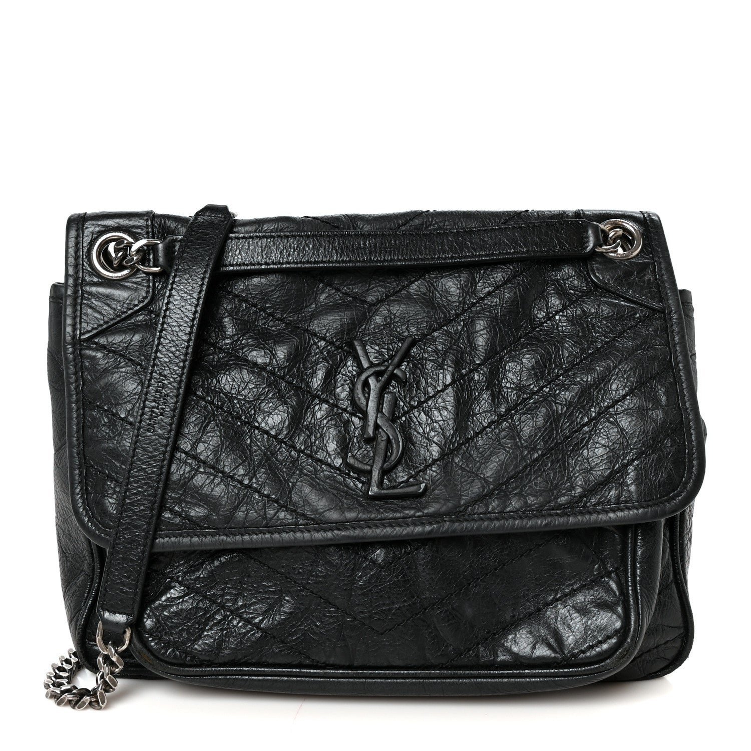 Saint Laurent Crinkled Calfskin Matelasse Monogram Medium Niki Chain Satchel Black
