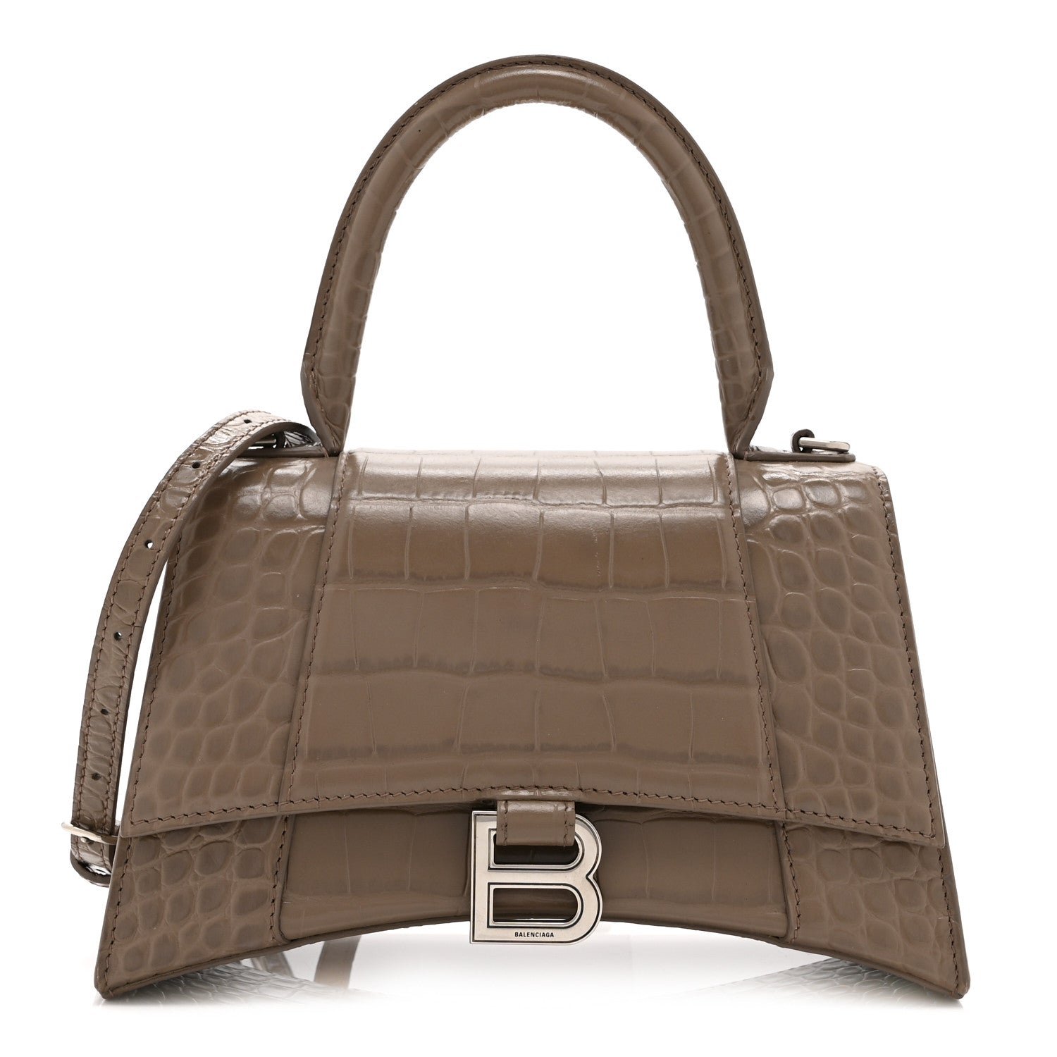 Balenciaga Shiny Calfskin Crocodile Embossed Small Hourglass Top Handle Bag Mink Grey