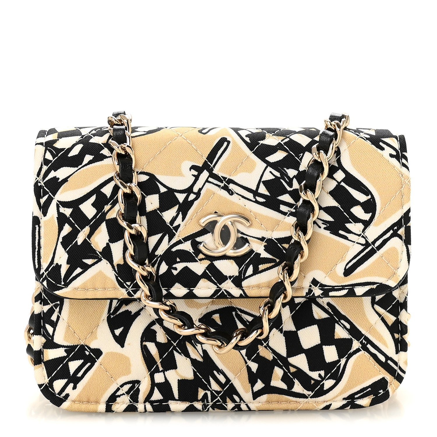 Chanel Canvas Check Flag Printed CC Clutch With Chain Beige Multicolor