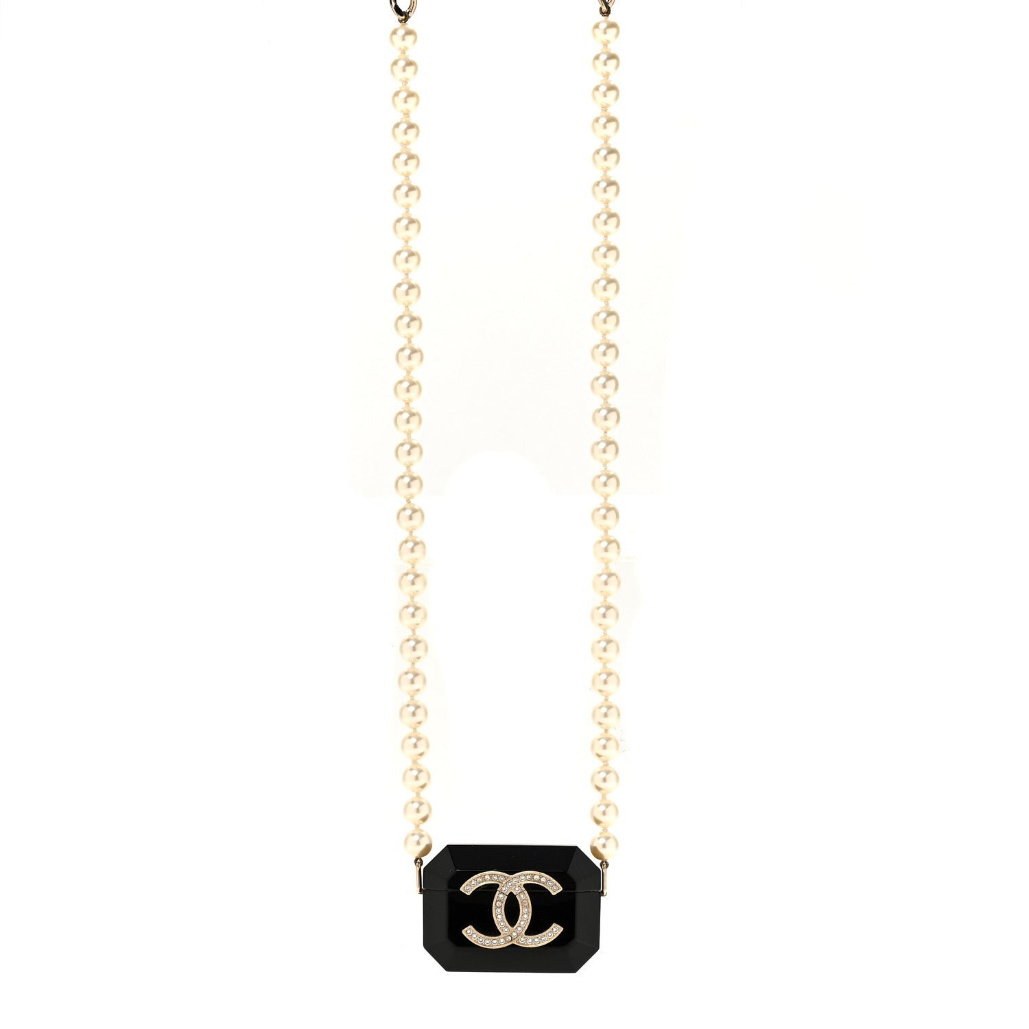 Chanel Resin Crystal Pearl Airpods Pro Holder Necklace Black Pearly White