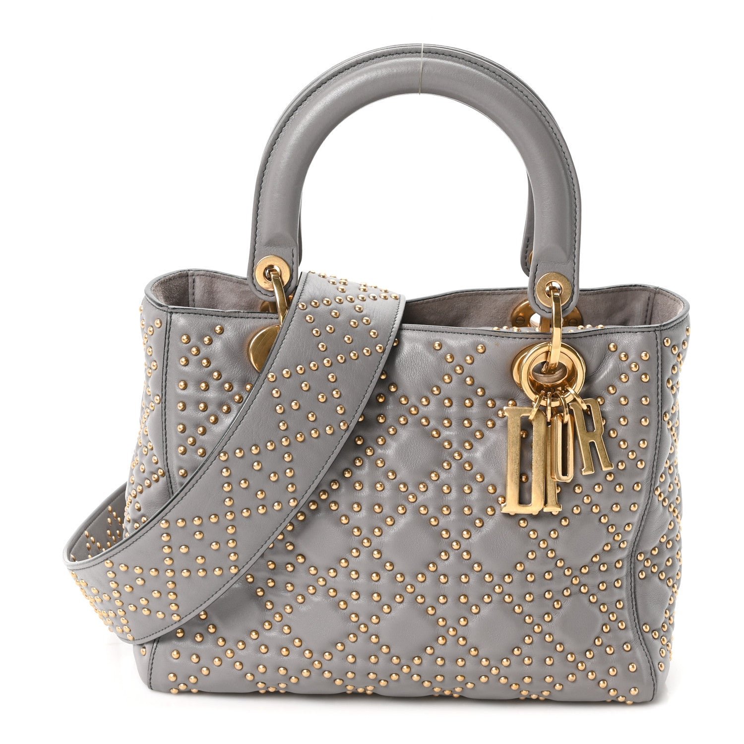 Christian Dior Calfskin Cannage Studded Medium Supple Lady Dior Grey