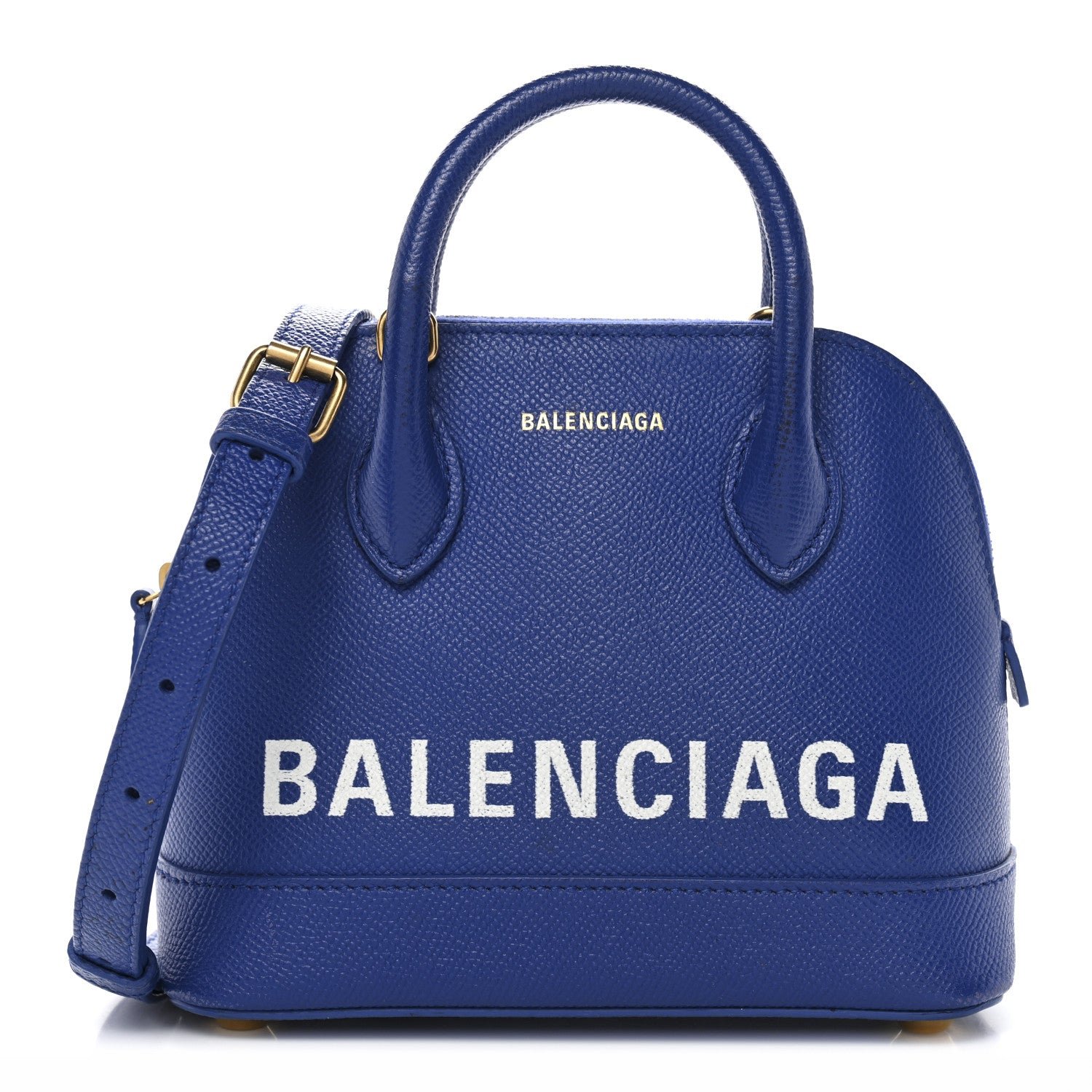 Balenciaga Signature Grained Calfskin Logo XXS Ville Top Handle Bag Bleu Roi White