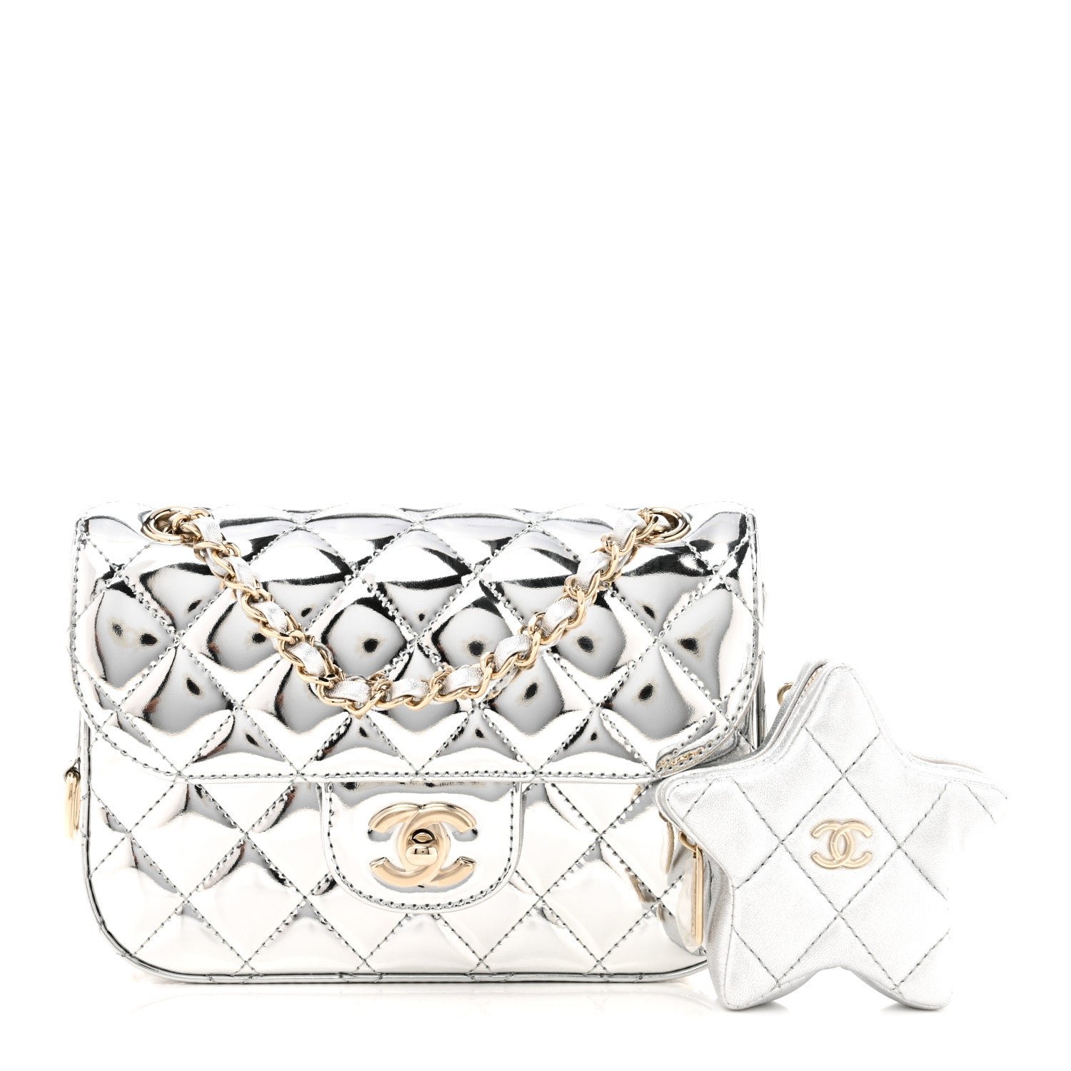 Chanel Mirror Calfskin Metallic Calfskin Quilted Hollywood Boulevard Mini Flap With Star Coin Purse Silver