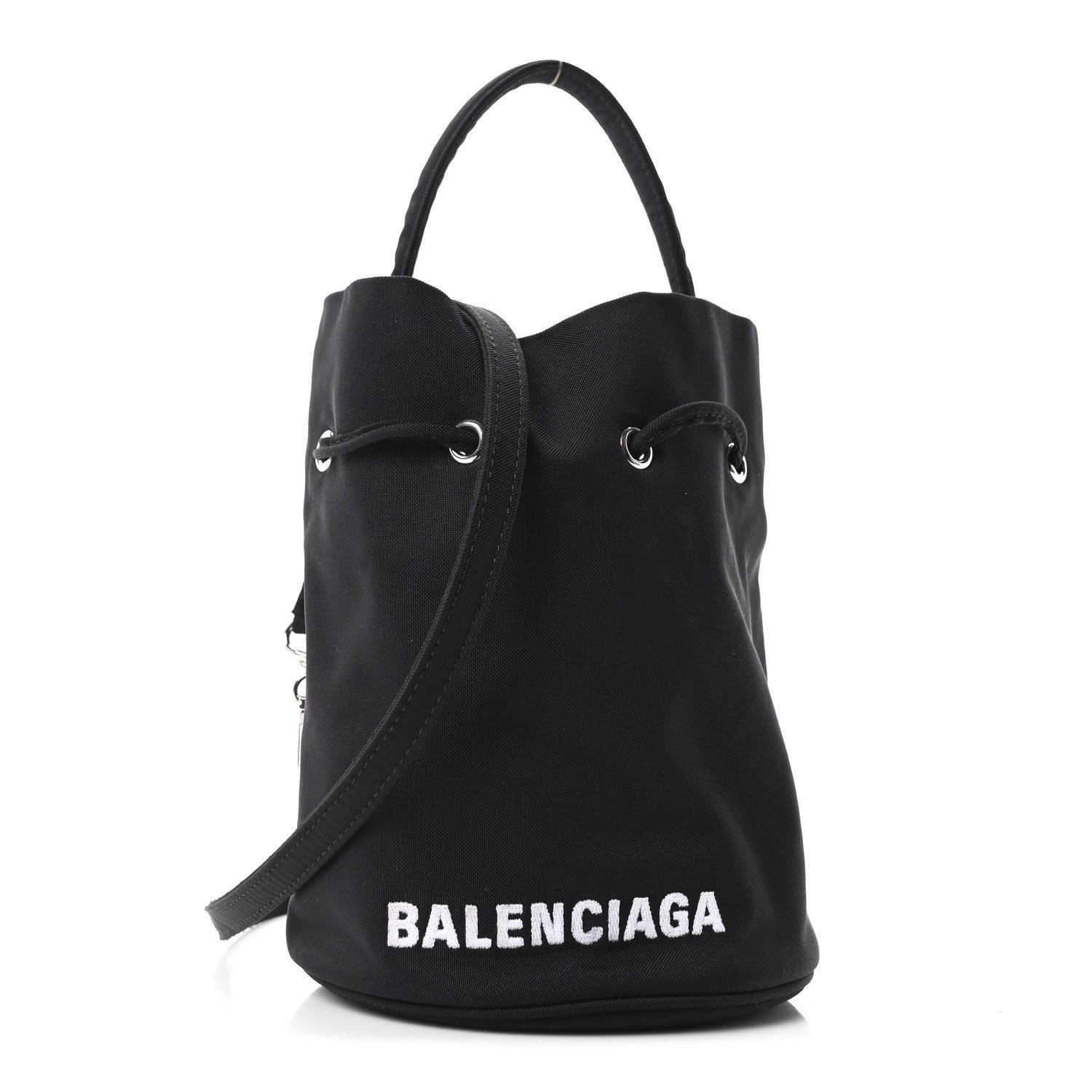 Balenciaga Balenciaga Recycled Sport Nylon Logo Embroidered Wheel Drawstring Bucket Bag Black White