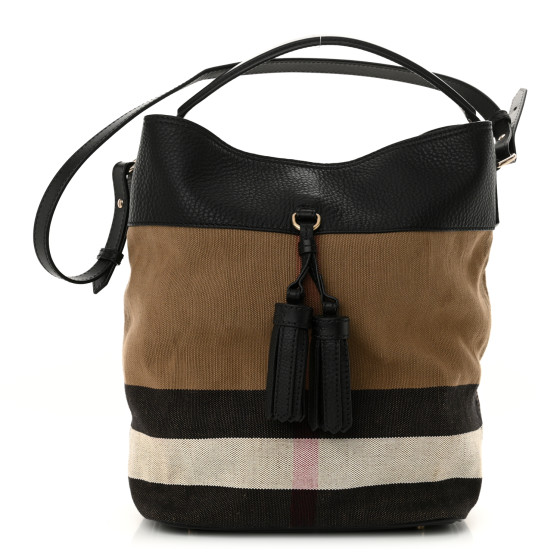 Burberry Grainy Calfskin Canvas Mega Check Medium Ashby Tassel Hobo Black