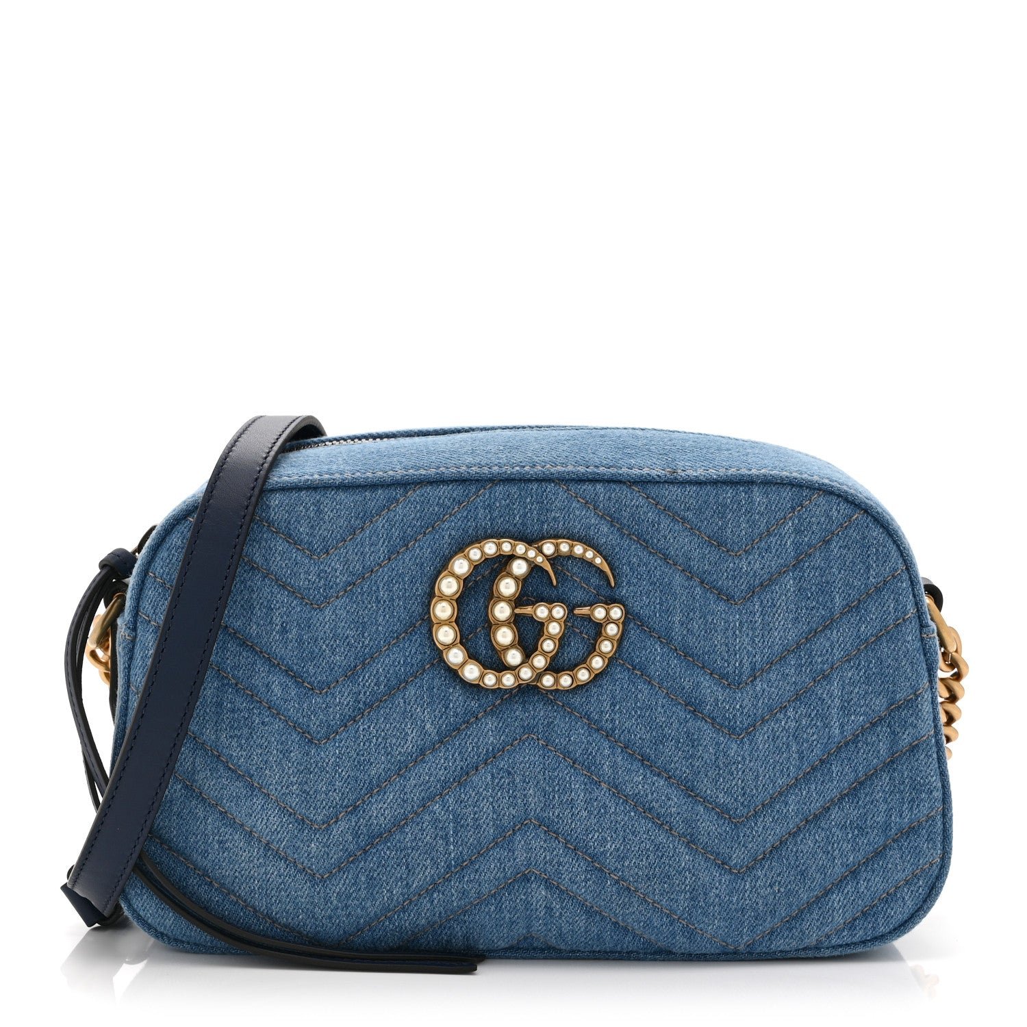 Gucci Denim Matelasse Small Pearly GG Marmont Chain Shoulder Bag Blue