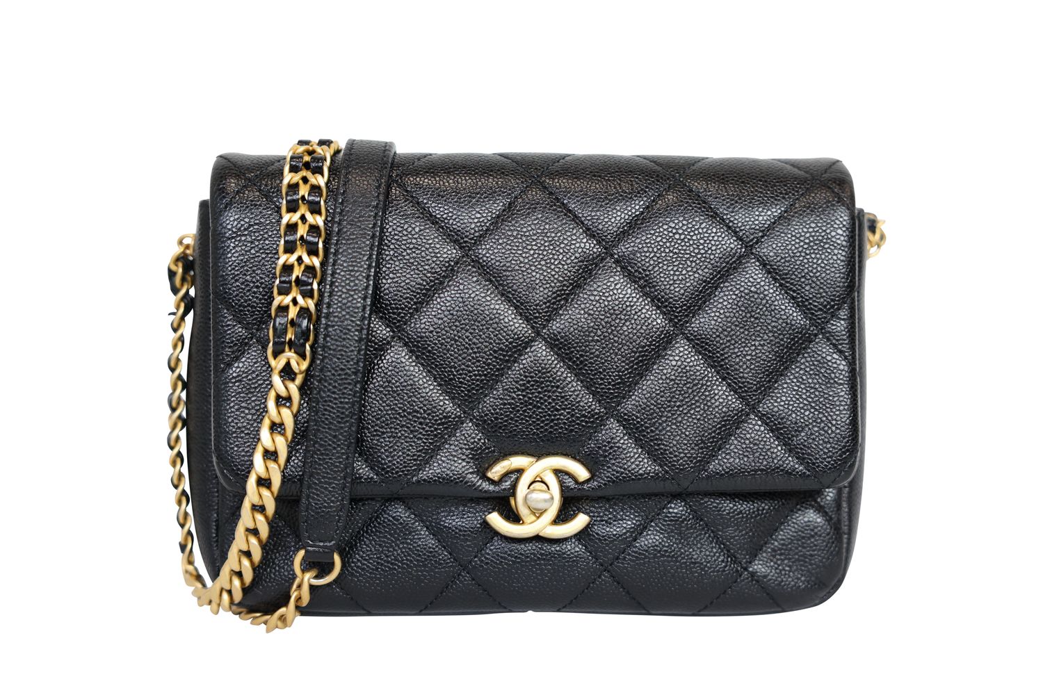 Chanel 22P Melody Flap Small Bag, Black Quilted Caviar and Gold Hardware, Preowned in Box WA001