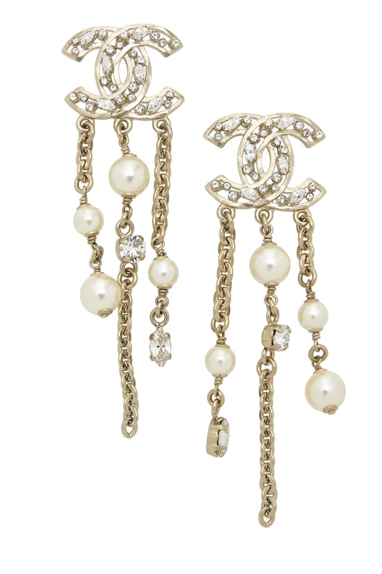 Gold Crystal Faux Pearl Dangle Earrings