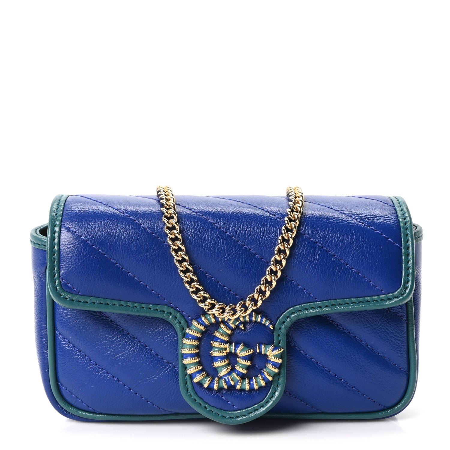 Gucci Azalea Calfskin Enamel Matelasse Diagonal Super Mini Torchon GG Marmont Shoulder Bag Imperial Blue Pavone