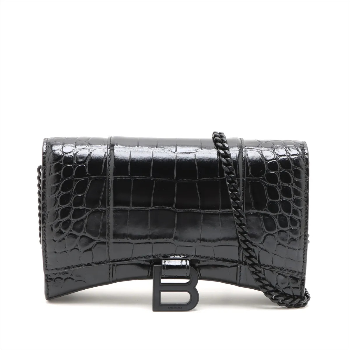 Balenciaga Hourglass Mock Croc Chain Wallet Black 656050