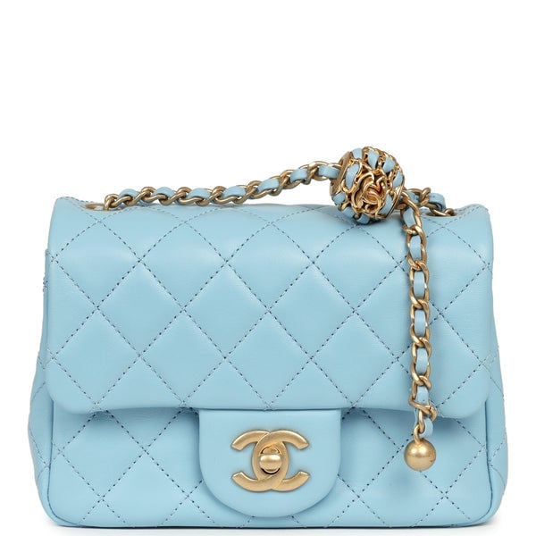 Chanel Mini Square Pearl Crush Flap Light Blue Lambskin Antique Gold Hardware