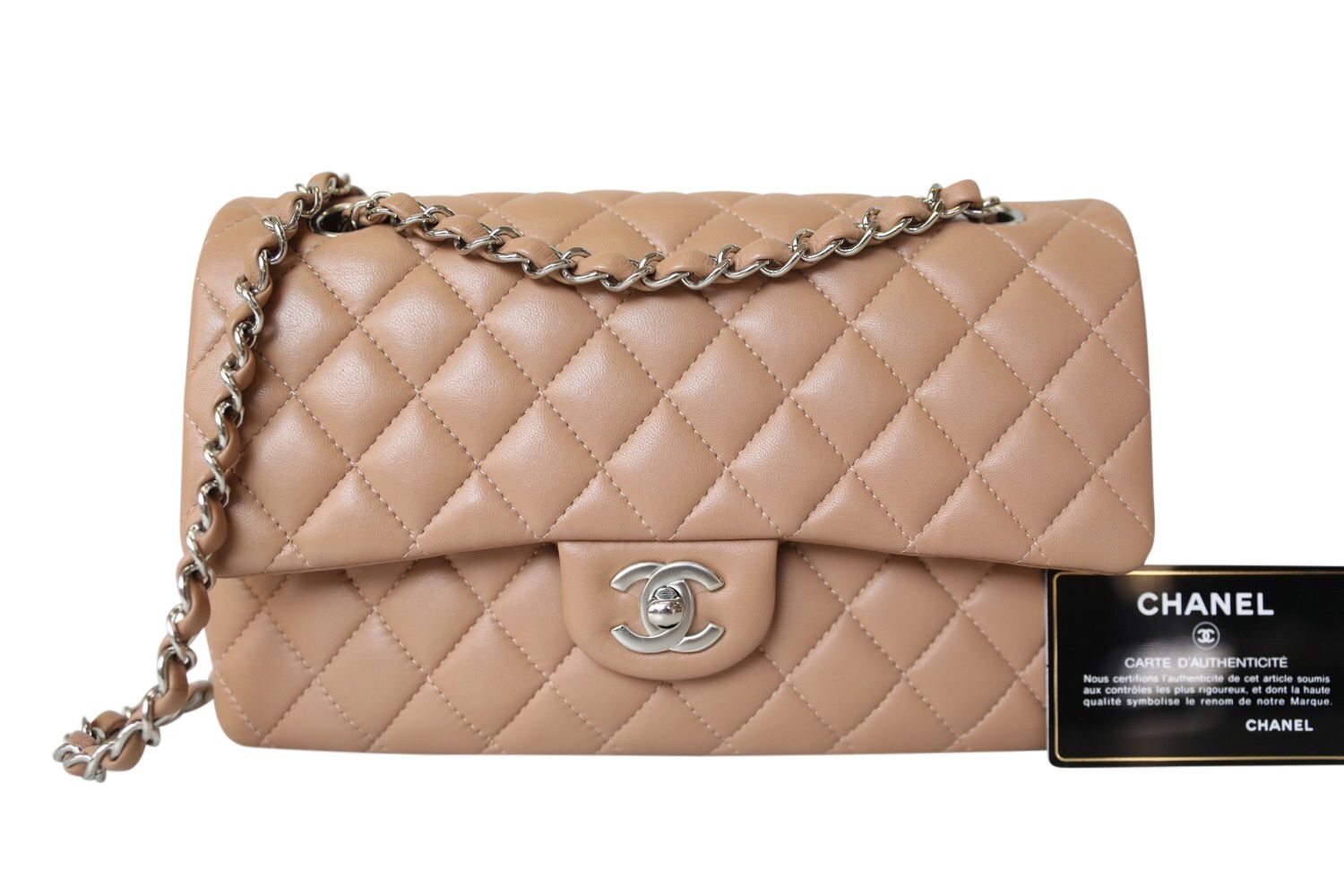 Chanel Classic Medium Double Flap, Caramel Brown Lambskin Leather with Silver Hardware, Preowned in Dustbag WA001