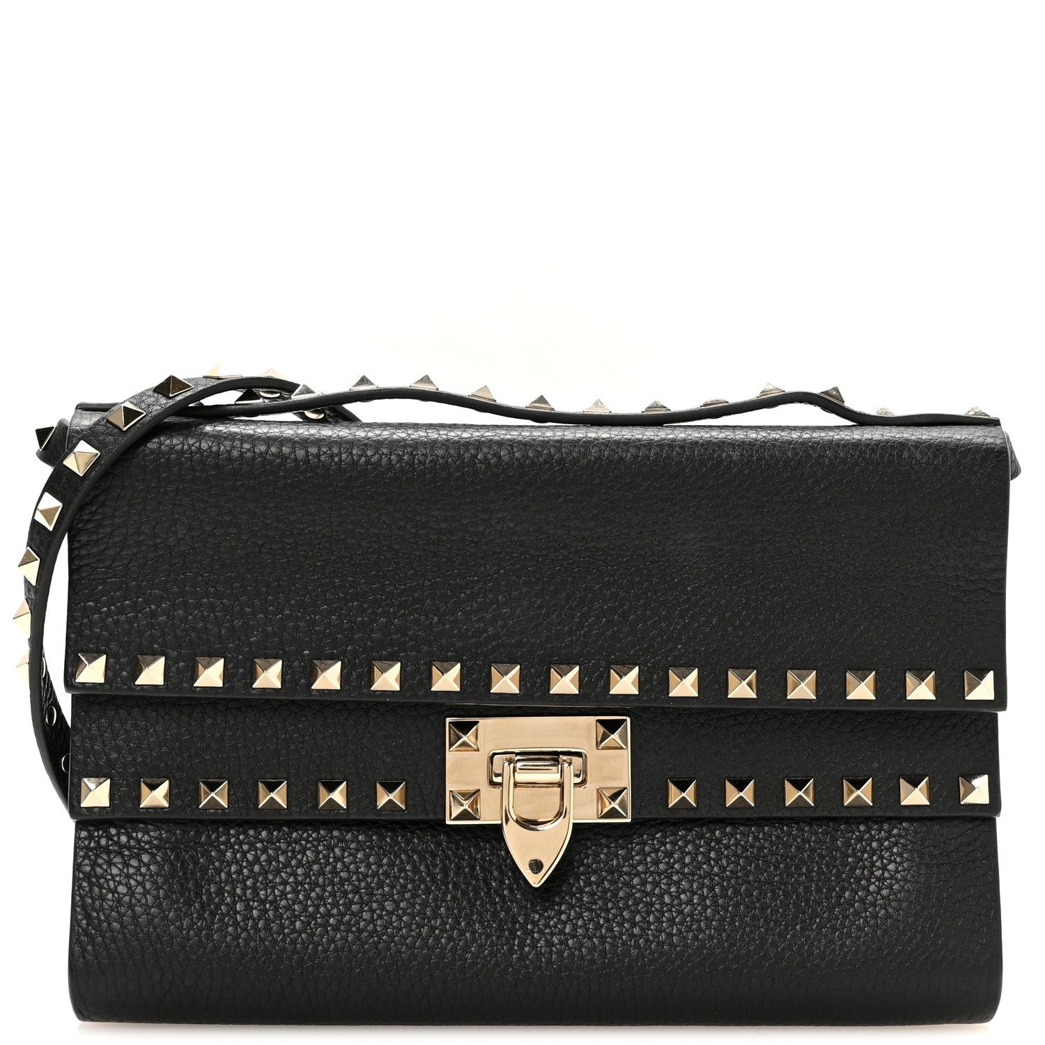 Valentino Garavani Grainy Calfskin Rockstud Double Flap Crossbody Bag Black