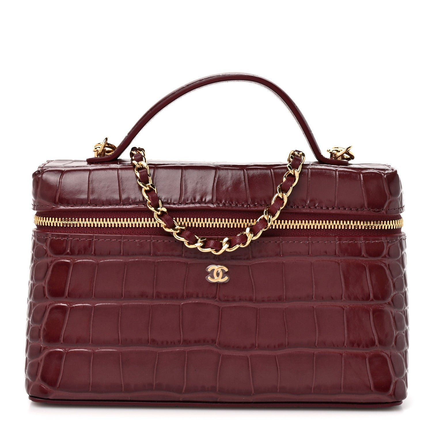 Chanel Calfskin Crocodile Embossed Crococo Exoticoco Vanity With Chain Dark Burgundy