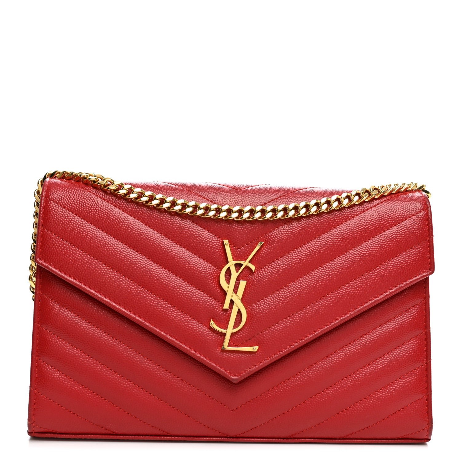 Saint Laurent Grain De Poudre Matelasse Chevron Monogram Chain Wallet New Red