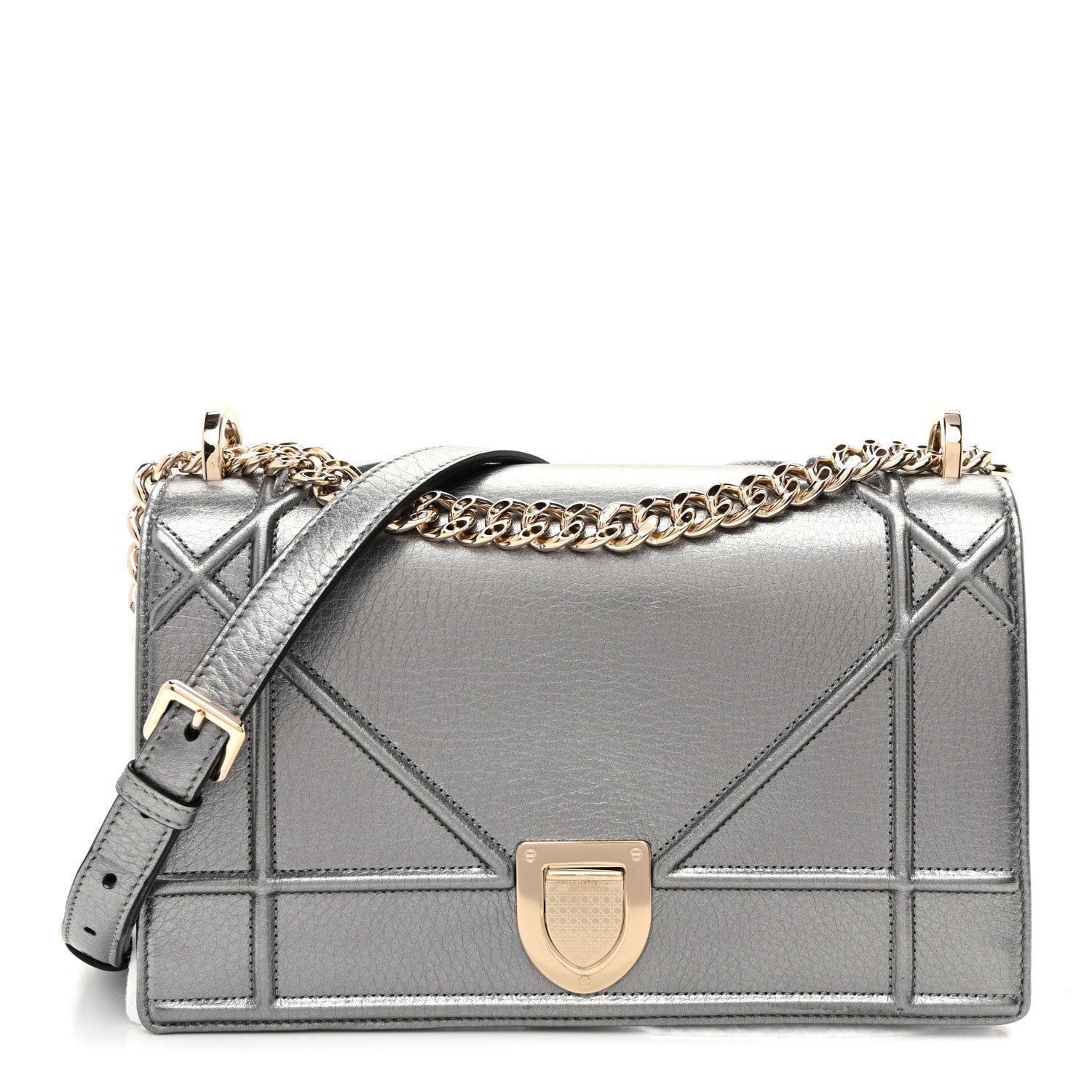 Christian Dior Metallic Grained Calfskin Medium Diorama Flap Bag Steel