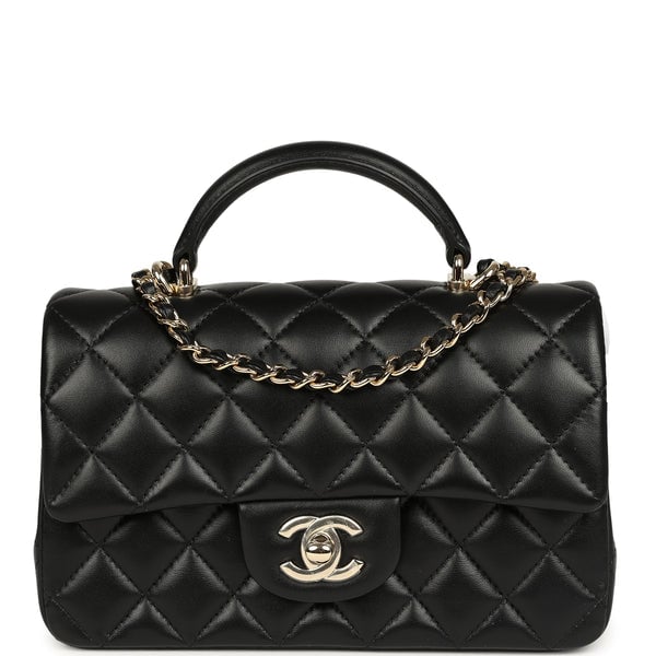 Chanel Mini Classic Rectangular Top Handle Flap Bag Black Lambskin Light Gold Hardware