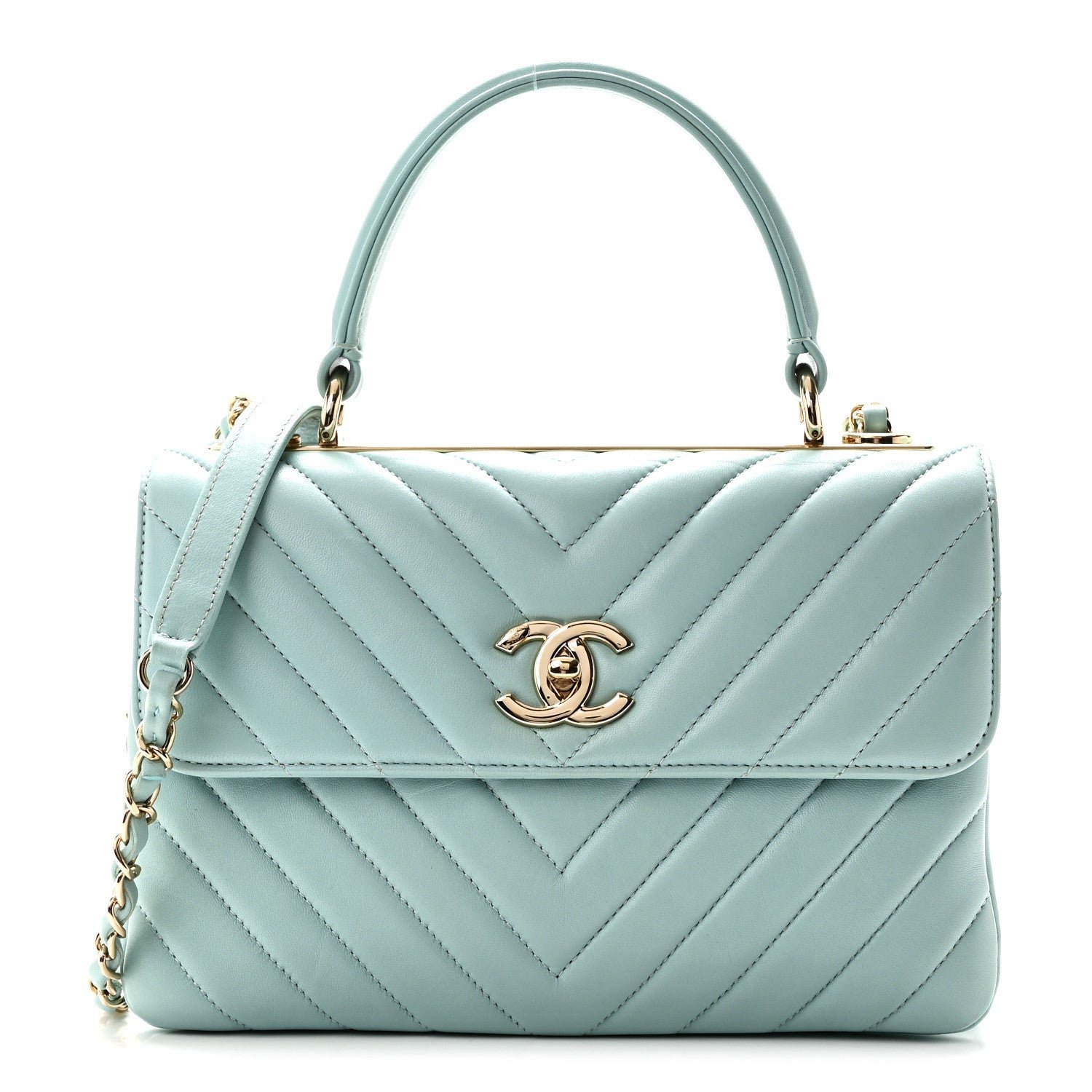 Chanel Lambskin Chevron Quilted Small Trendy CC Flap Dual Handle Bag Light Blue