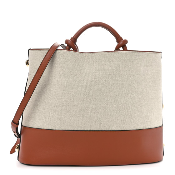 Salvatore Ferragamo Canvas Calfskin Glam Tote Beige Brown