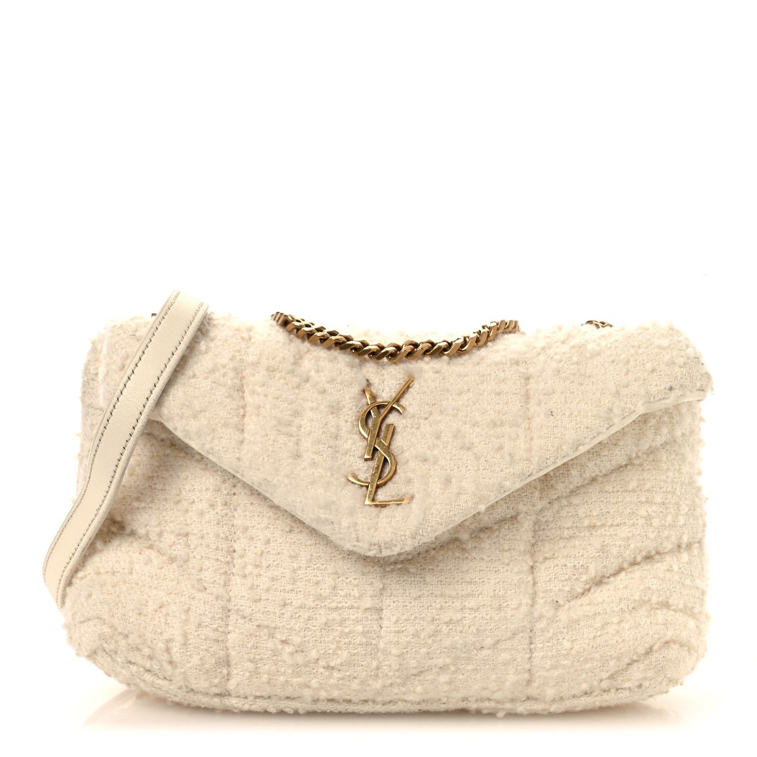 Saint Laurent Boucle Tweed Quilted Toy Loulou Puffer Monogram Chain Satchel Crema Soft