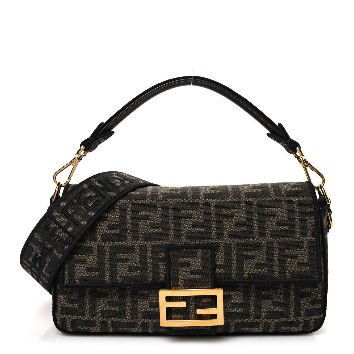 Fendi Fabric Jacquard FF 1974 Medium Baguette Tobacco Moro Black