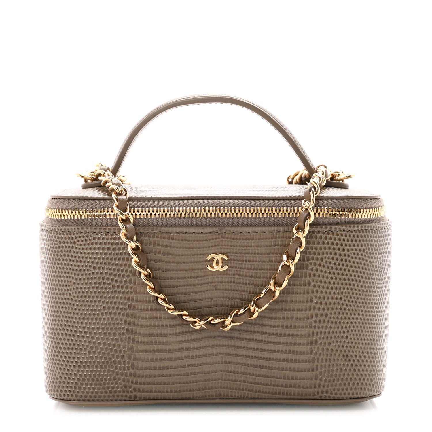 Chanel Calfskin Lizard Embossed Top Handle Vanity With Chain Dark Khaki