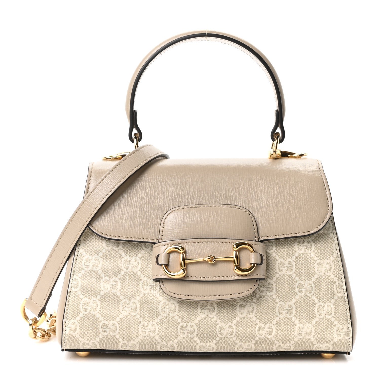 Gucci GG Supreme Monogram Azalea Calfskin Mini Horsebit 1955 Top Handle Flap Bag Beige Mystic White Oatmeal
