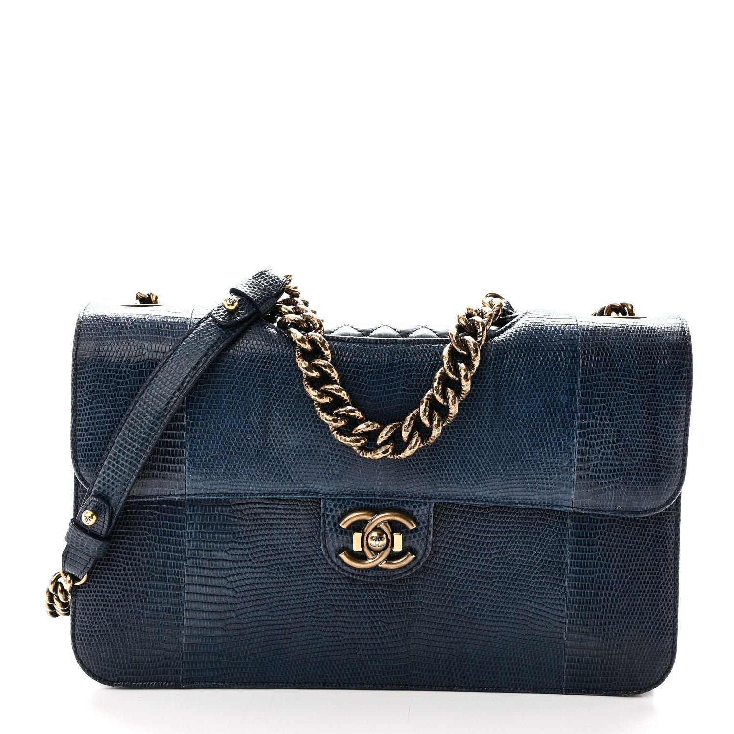 Chanel Lizard Lambskin Quilted Large Perfect Edge Flap Blue
