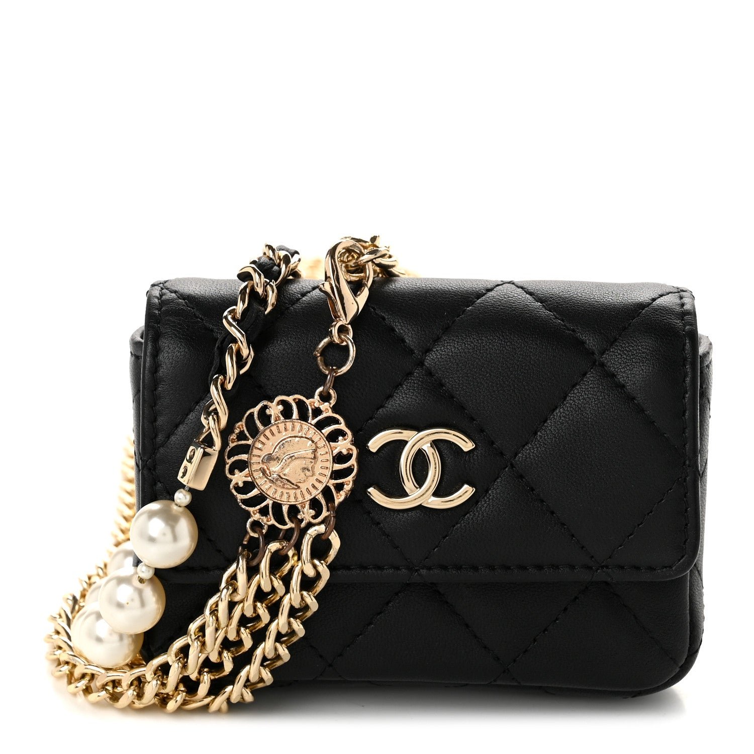 Chanel Lambskin Quilted Pearl Chain Belt Bag Black