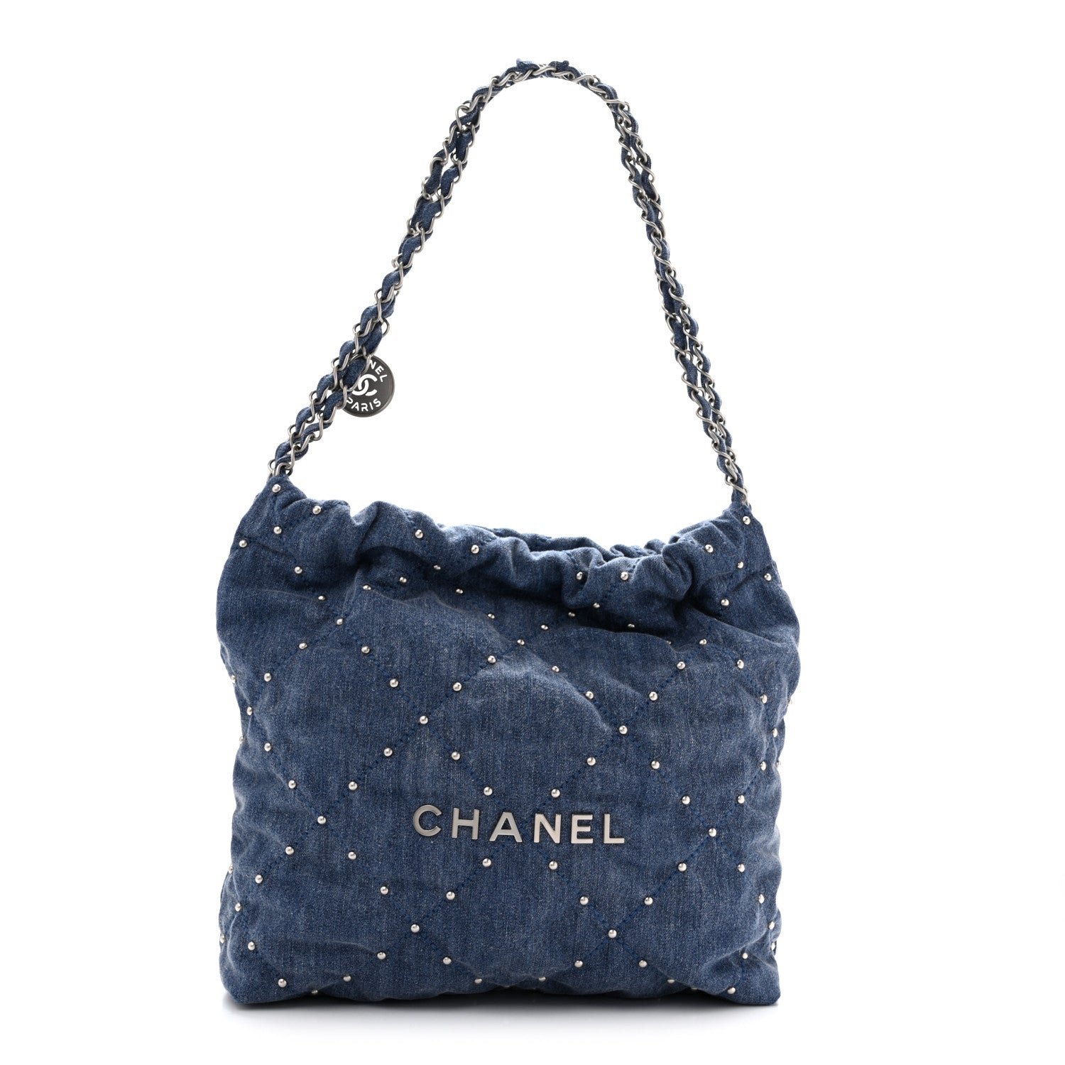 Chanel Washed Denim Quilted Studded Small Chanel 22 Blue