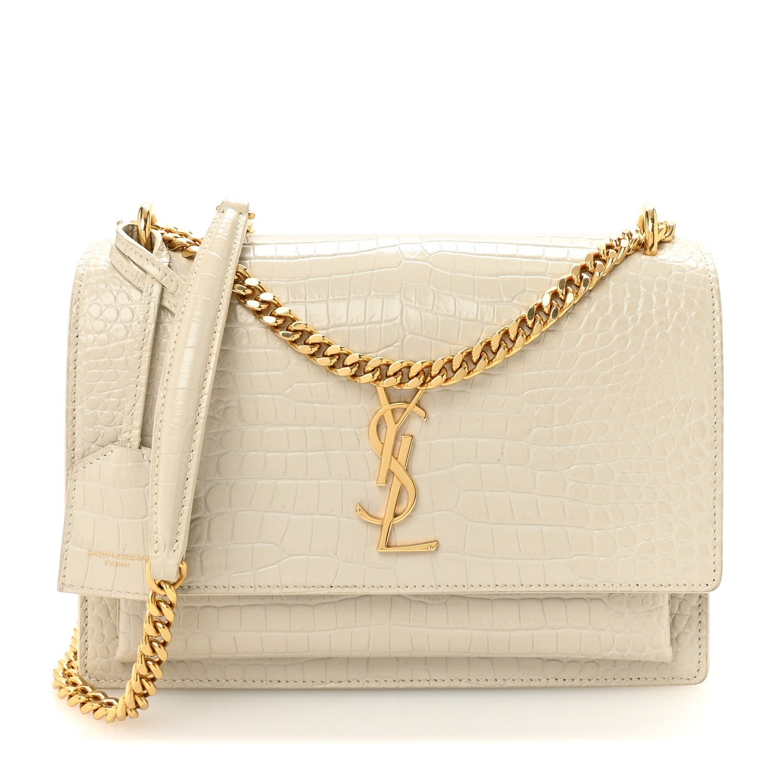 Saint Laurent Calfskin Crocodile Embossed Medium Monogram Crema Soft